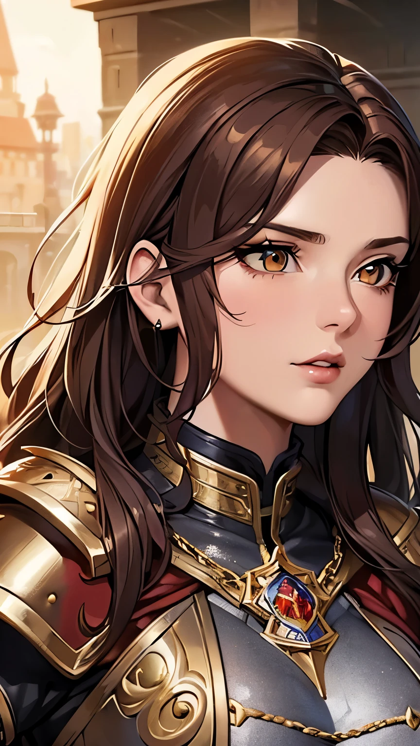 (masterpiece), best quality, (ultra-detailed illustration), perfect anatomy, (1girl), ((female, solo)), handsome fantasy female, ((middle-aged lady, 20 years old, young woman)), (portrait), brown hair, beard, medium wavy hair, amber eyes, warrior, swordwoman, metal armor stained with mud, chain mail, red cloak, wilderness, rock