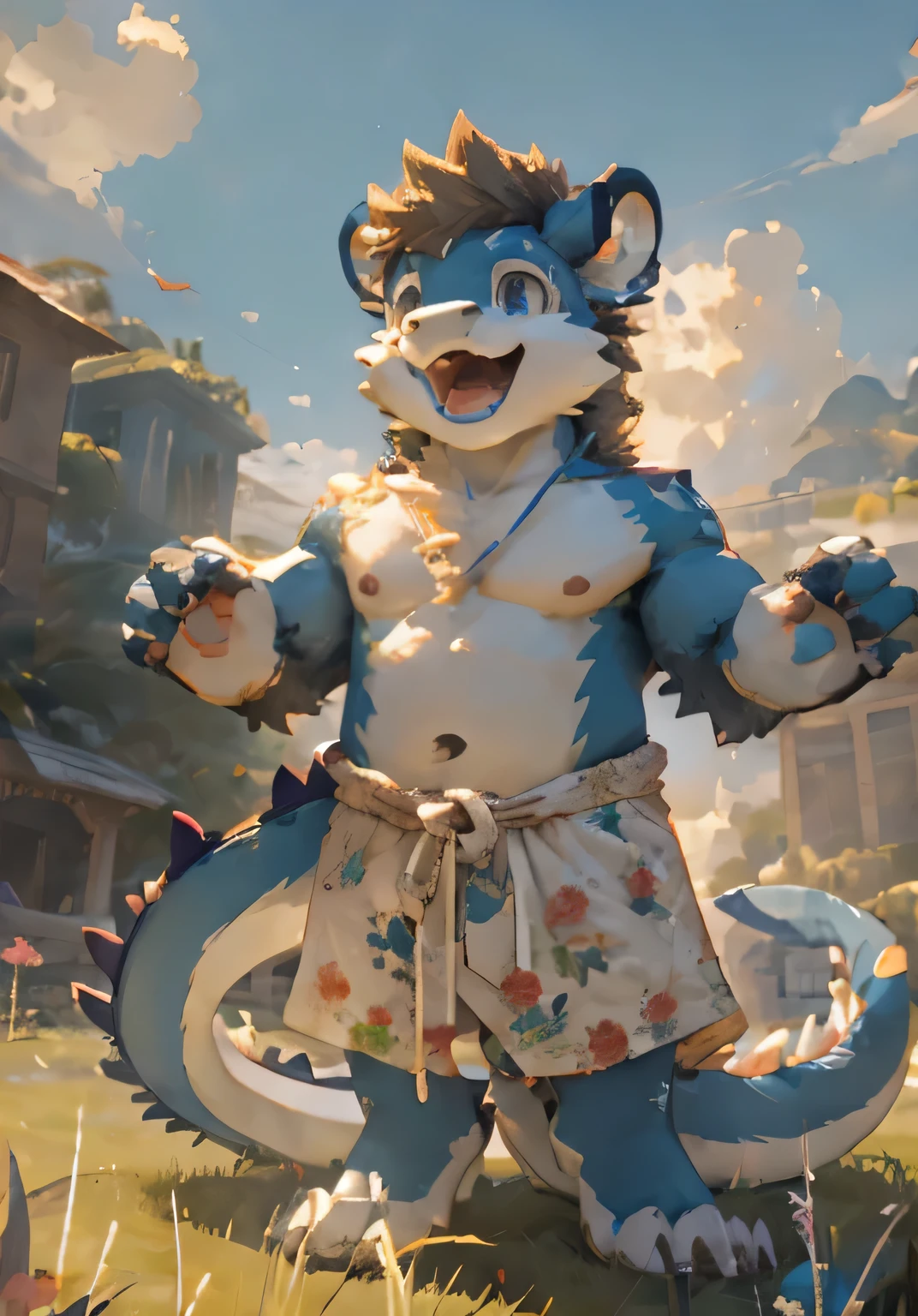 (masterpiece),(Very detailed),(best quality),hairy,dragon,Light blue fur,brown hair,Black pupil,(juvenile),(Naked upper body),((Happy expression)),Room Background,8k,(high quality),(Ultra HD),(Ultra Detailed),Perfect sunshine,(Standing on the grass),Bare chest,(juvenile),Dress cutely,Top view,Spread your arms and legs