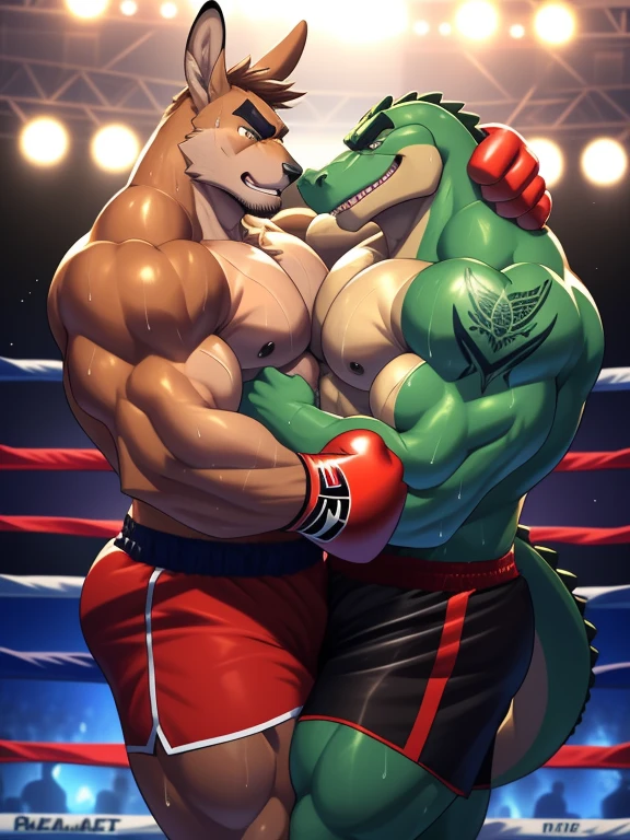 Duo male fighters(Brown Kangaroo vs Green Gator, handsomes, perfect eyes, Thick eyebrows), Staring(They are cuddling embraced around their necks, body frottage, in a boxing match), hot(Shirtless), handsomes(They are handsomes, correct anatomy), musculosos(Big muscle bodies, Six packs, muscle abs, big pecs, muscle legs, muscle backs), sweaty(very sweaty wet bodies, shiny sweat), tatuajes(they have tattoos), Angry(They have an angry expression), Boxing gloves(They both are wearing boxing gloves), Shorts(They are wearing black boxing shorts), Hight resolution