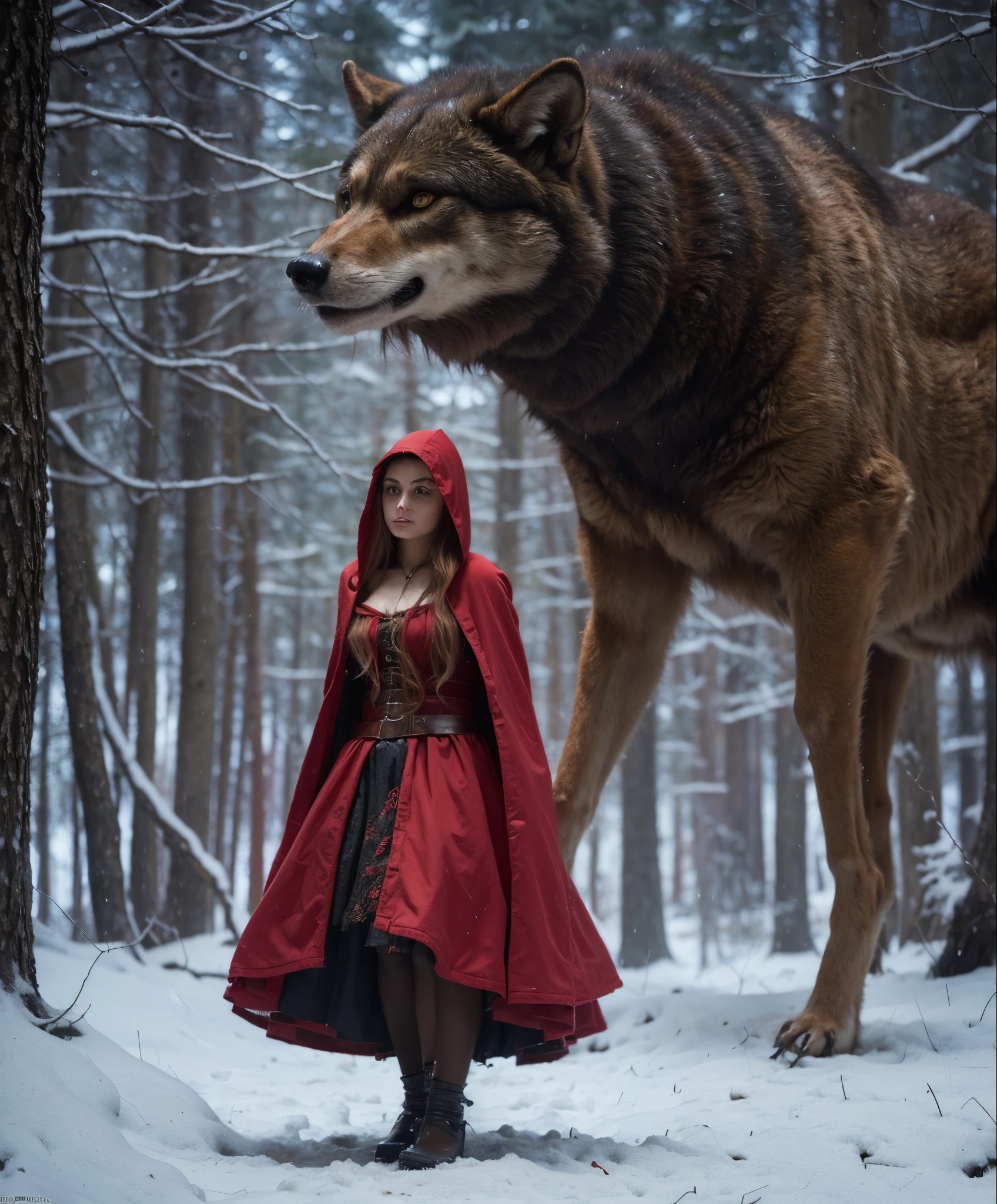 a close up of a woman in a red riding hood next to a wolf, red riding hood, thief red riding hood, little red riding hood, big bad wolf, michael cheval (unreal engine, fantasy art style, el bosco and dan mumford, inspired by Samuel Hieronymus Grimm, fairytale artwork, epic fantasy art style hd, epic fantasy art style