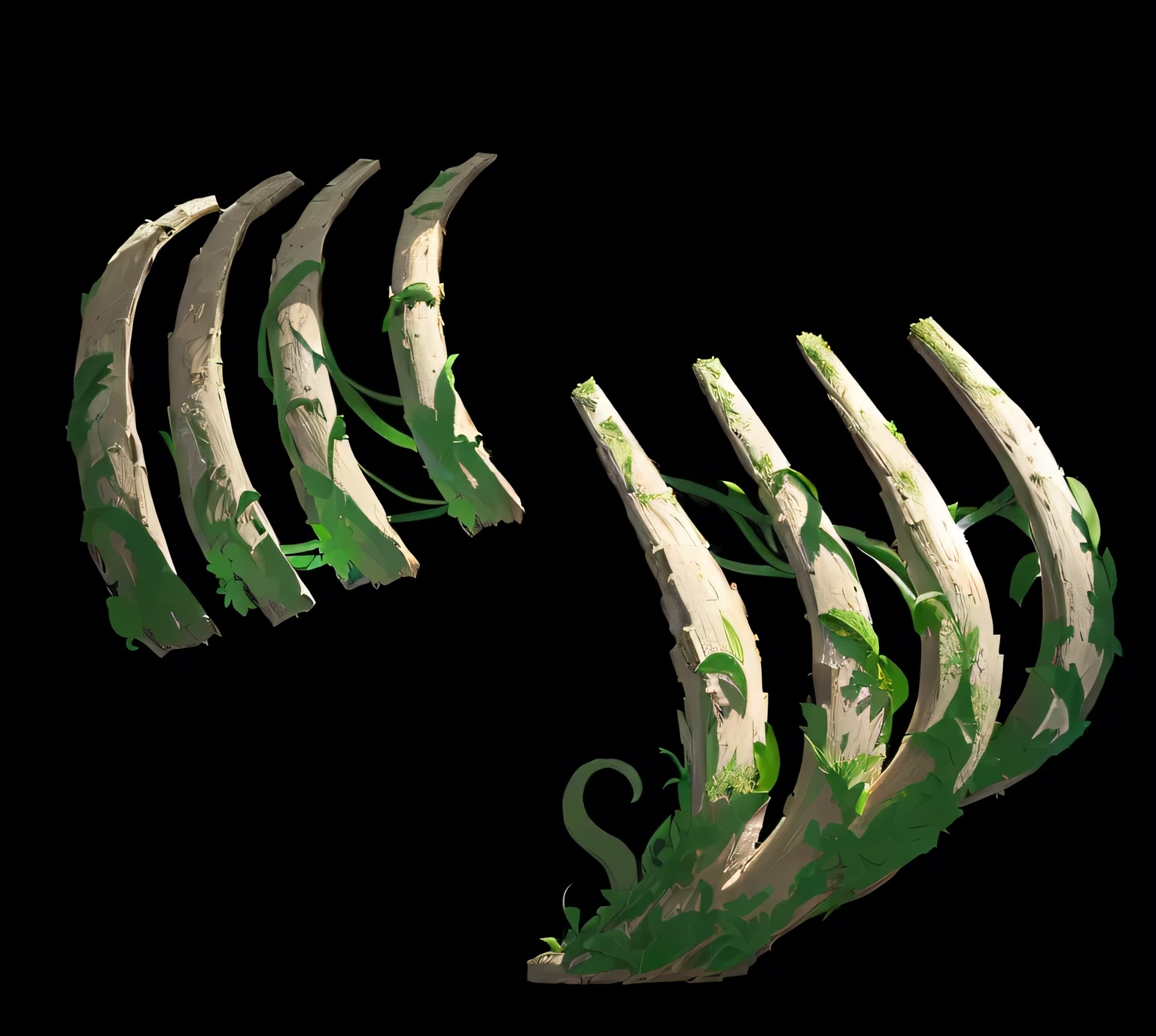 There are many green vines on the dinosaur skeleton,moss