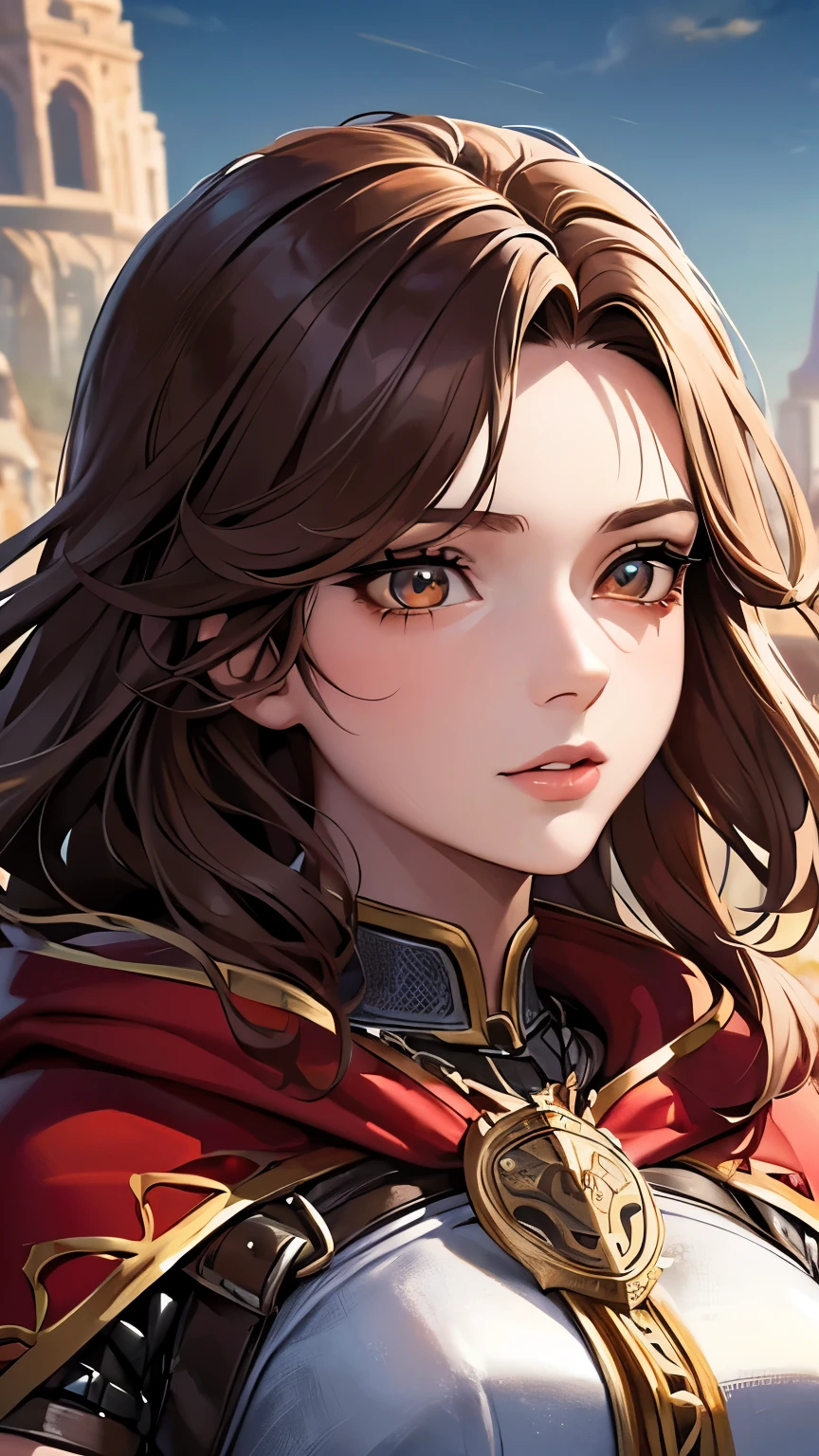 (masterpiece), best quality, (ultra-detailed illustration), perfect anatomy, (1girl), ((female, solo)), handsome fantasy female, ((middle-aged lady, 20 years old, young woman)), (portrait), brown hair, beard, medium wavy hair, amber eyes, warrior, swordwoman, metal armor stained with mud, chain mail, red cloak, wilderness, rock