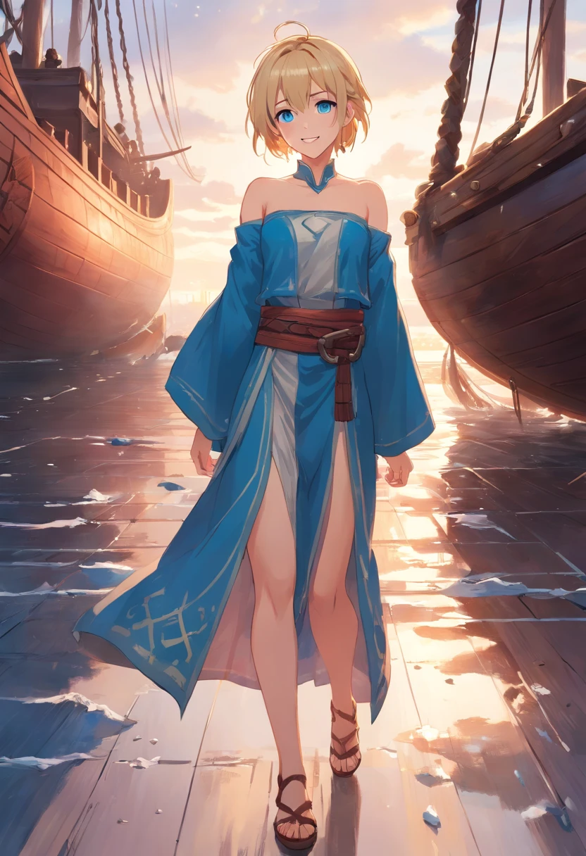 17 years old Women, ((Blonde)), ((Blue eyes)), ((Short hair)), ((Full shot)), very detailed makeup, pale pink lipstick, long earrings, bare shoulders, Dressed in sexy Viking clothes, smiling slightly, standing in front of a Viking ship, the floor is wet