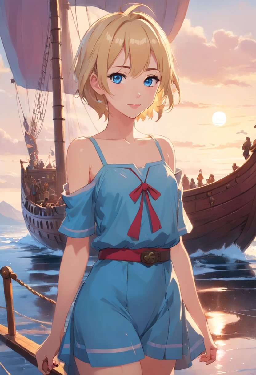 17 years old Women, ((Blonde)), ((Blue eyes)), ((Short hair)), ((Full shot)), very detailed makeup, pale pink lipstick, long earrings, bare shoulders, Dressed in sexy Viking clothes, smiling slightly, standing in front of a Viking ship, the floor is wet