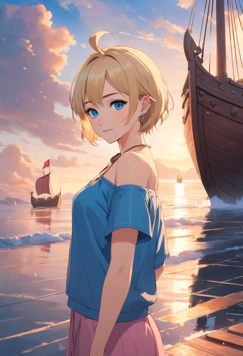 Women, ((Blonde)), ((Blue eyes)), ((Short hair)), ((Full shot)), very detailed makeup, pale pink lipstick, long earrings, bare shoulders, Dressed in sexy Viking clothes, smiling slightly, standing in front of a Viking ship, the floor is wet
