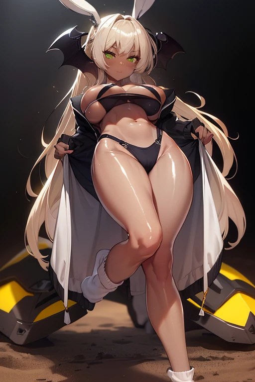 Shot from below、Standing with your legs apart、Standing with feet shoulder-width apart、Cute girl、highest quality、Ultra - High resolution、High resolution、Highly detailed CG、8k unit wallpaper、18-year-old、Careful and gentle eyes,Delicate and beautiful smile、Platinum Blonde Hair、Asymmetrical Hair、((( Dark Skin:1.5)))、(Shiny body,:1.5)、rabbit ears、(((loose socks、big breasts))) 、(Orange motocross jacket with green details, Biker clothes. Detailed design、Skin-colored bikini)Double Peace 、2.5D、My girlfriend、Grab the bikini strings、Tight bikini、Open your feet wide