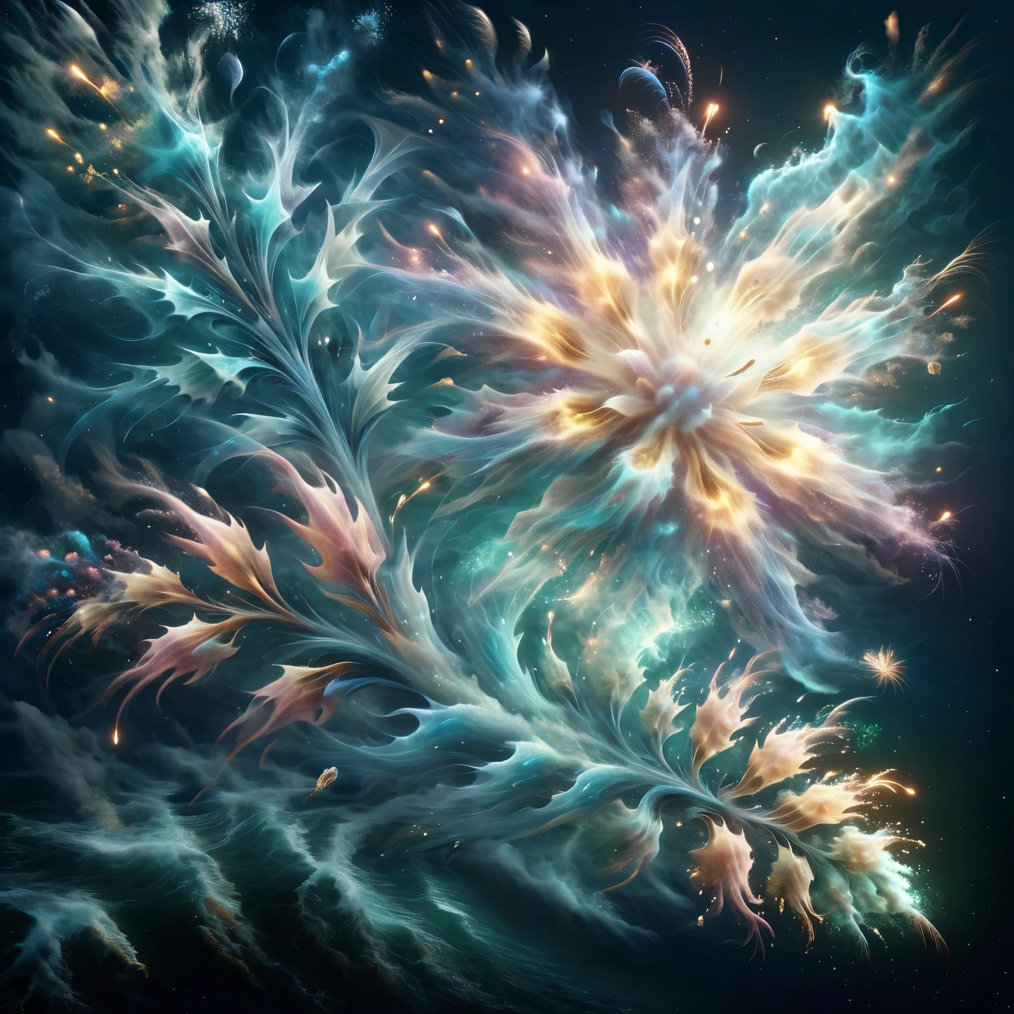 Blend fantasy and reality as 3D fireworks merge with ethereal fractal creatures, symbolizing the sea, embarking on an oceanic odyssey through realms of imagination and wonder, where the boundaries between dreams and reality fade away.