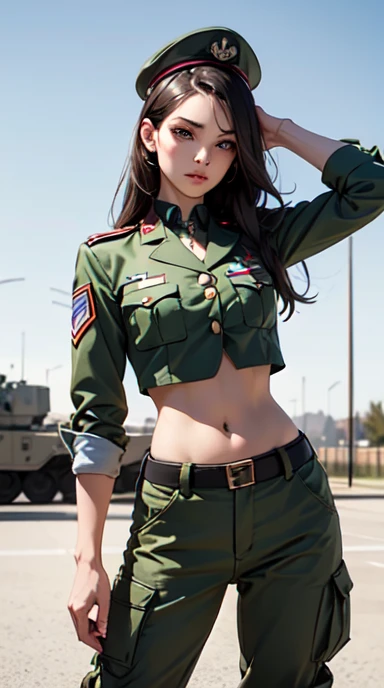 Women in crop top soldier uniform, soldier hat, military Shirt brooch, exposed abdomen area, very low waist cargo pants, navel, 45 years-old, high ranking , standing, military standing , realistic, high quality