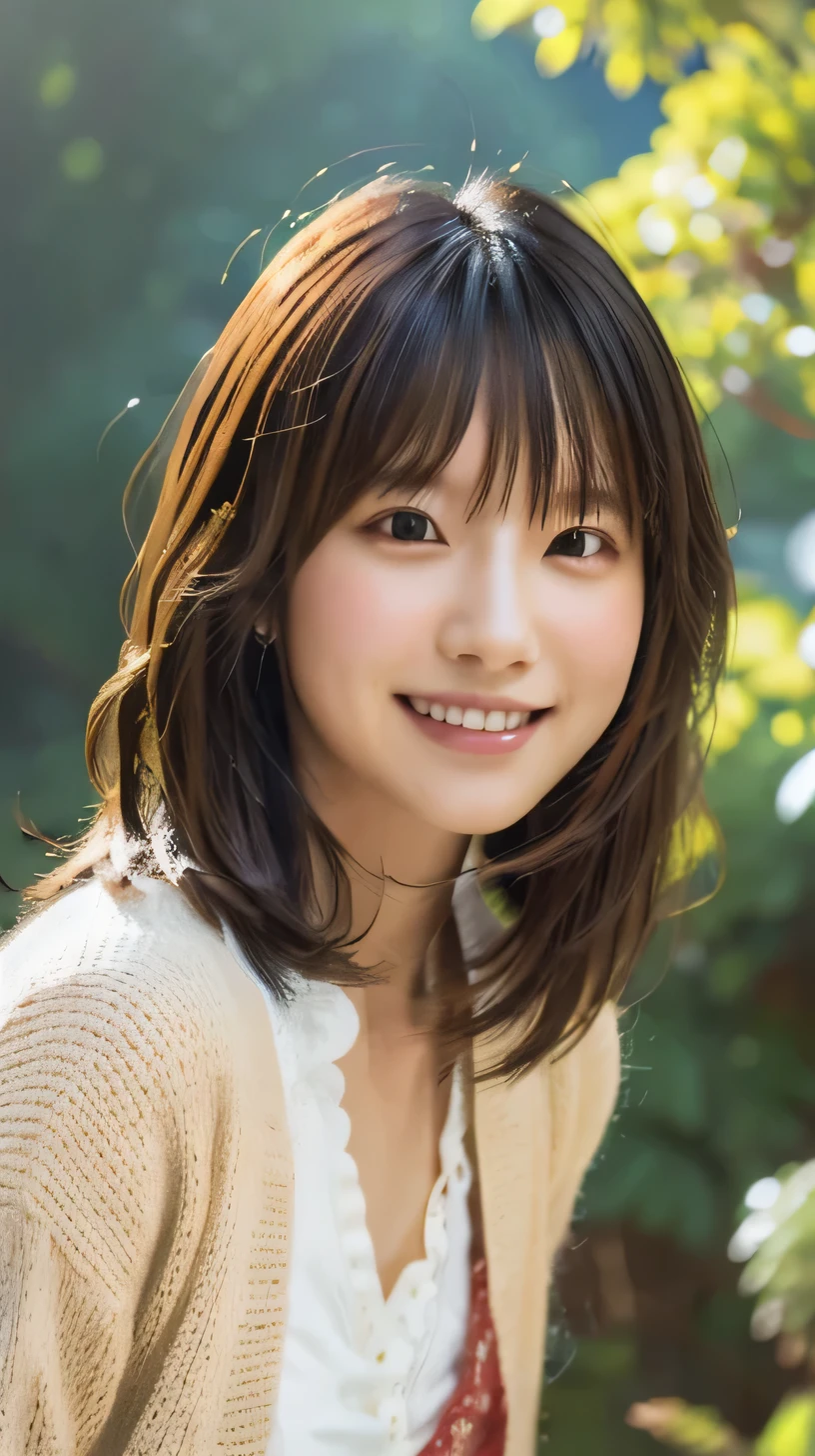 (masterpiece), (highest quality), (Super Detail), (Disheveled Hair), (figure), (Girl 1 person), (interview), (A quick background), Beautiful fine details, Delicate and beautiful face, floating, (High saturation), (Shine), Focus on the face, Black Hair, bangs, A big smile, floating Hair. girl, Girl in Love, Pixiv illustration, highest quality, Very detailed, smile, Smart, Beautiful Face, 4K, nature, Sunlight filtering through the trees,
