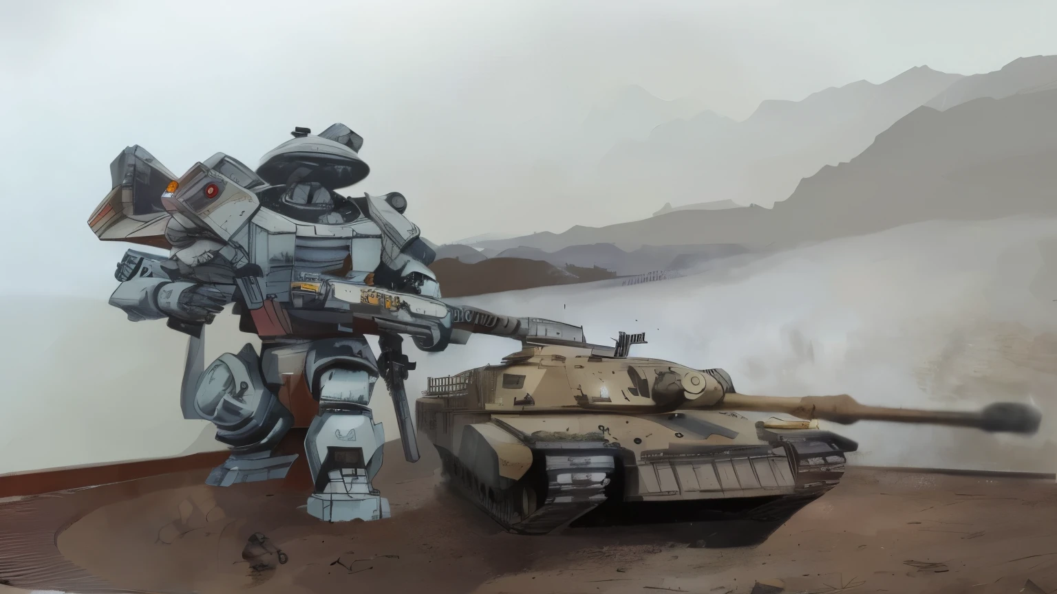 robot, modern tank, patrol in the night, city destruction back ground