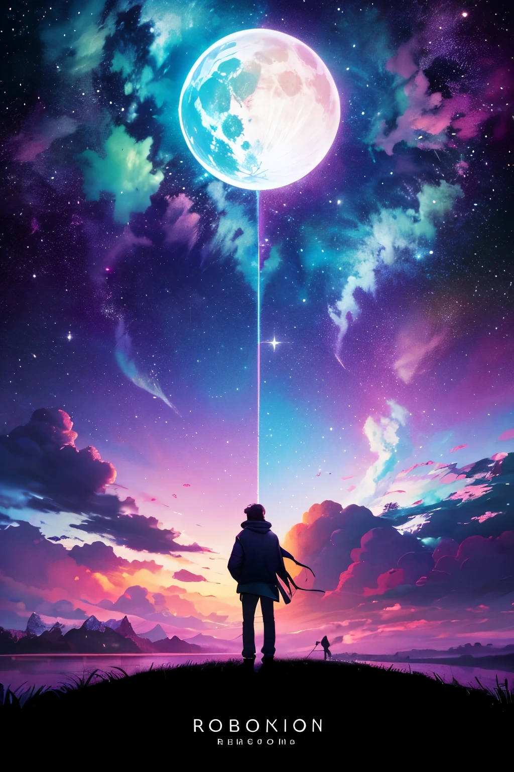 Create an image 1:1 (Perfect square), Resolution: 1600 x 1600 pixels in size, Best quality RGB Color Mode, inspired by Porter Robinson's 'Worlds' album cover, manga style, with pink and blue hues, place in the up center of the image, write the artist name "Frunsoo" and the album title "Celestial Dreams"