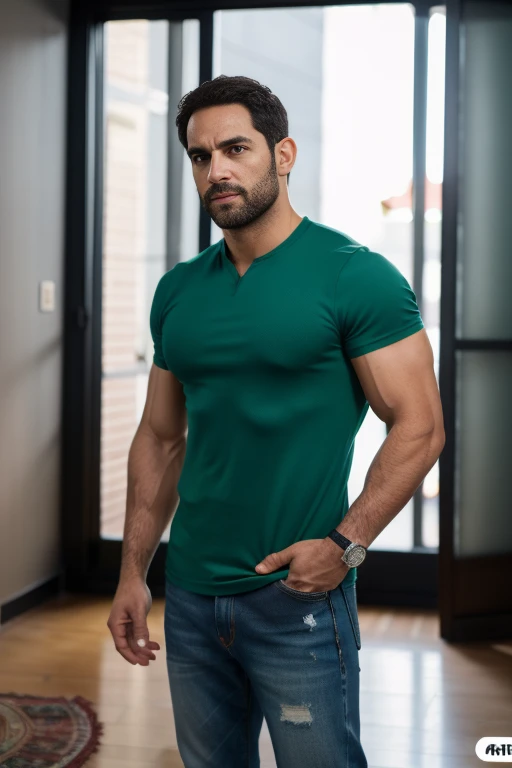 Realistic 8K image of a 33-year-old man, rubio,(( Fuerte, musculoso y nalgon)), cabello corto, ojos verdes, Vestido con una camiseta blanca sin mangas y jeans negros, shy expression, de pie en la sala de estar de un apartamento sencillo, escena nocturna. Big muscular body. Cuerpo completo jeans