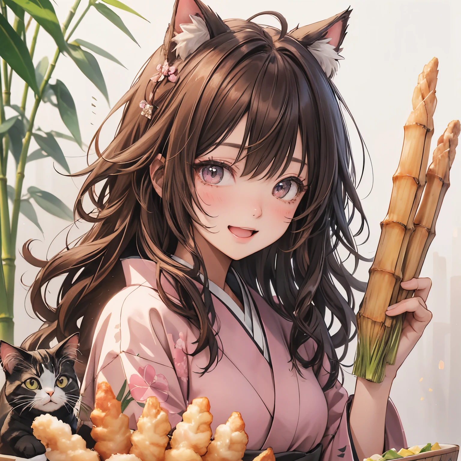 Brown kimono、Have bamboo shoots、Bamboo shoot tempura、Cat ears with brown ribbon、Pink brown hair、Pink brown eyes、、Laugh happily