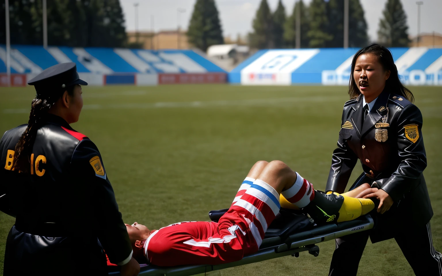 A scene at a soccer stadium in Mongolia, There is an attractive and heavily made-up Mongolian female police officer in a long black leather coat, A Mongolian female police officer in a shiny black leather coat on a soccer field, A Mongolian female police officer is holding a stretcher, A man is lying on the soccer stadium his back with his torso on the right in matt and roughened white and red sportswear on a stretcher, a man lies on a stretcher and has his left arm bent over his face, we only see the torso and thighs of the male athlete who is being carried with the stretcher to the left off the picture, the man lies on his back on the stretcher and covers his face with his bent left arm, the mongolian policewoman is exceptionally heavily made up and has an extremely desperate and very angry expression on her face, high-resolution photo, realistic sports photo, soccer scene, mongolia, mongolian policewoman, uniformed woman in black shiny long leather coat, injury scene, real photo, ultra realistic, high definition, sports photography