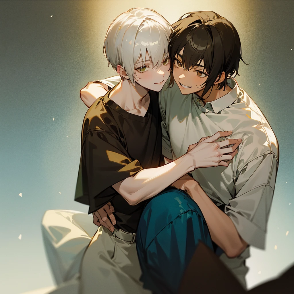 Two young men hugging.one is beautiful ,18years old with white short hair and green eyes with cute smile.the other is serious characterized ,23years old with black wolfy haircut and yellowish brown eyes,smiling with soft smile