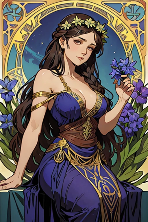 Hyacinth, Tarot cards, greece, art, Alphonse Mucha, delphinium flower, braided hair, dark colored hair, flowing chiton dress, a beautiful girl with golden wreath on her hair.
