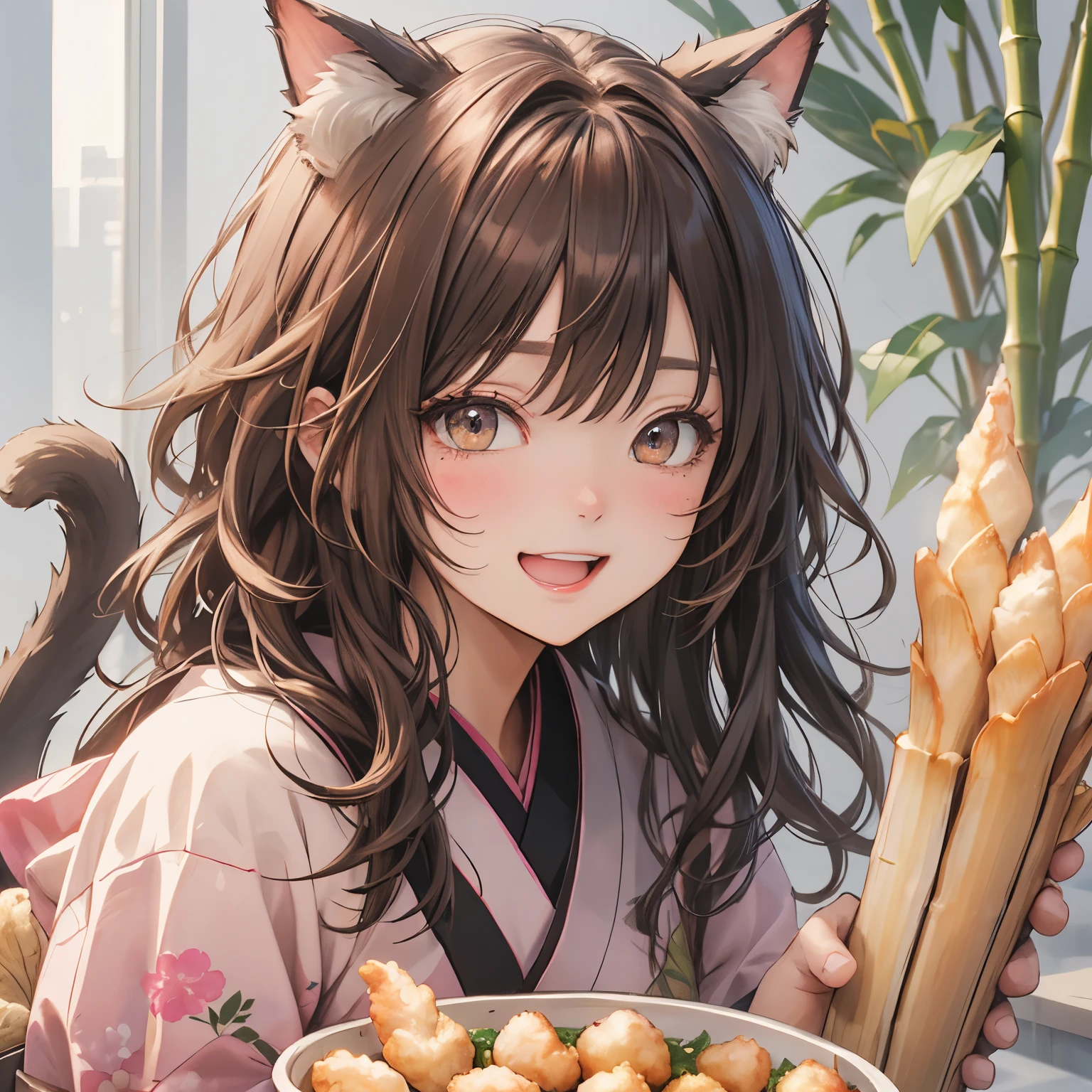 Brown kimono、Have bamboo shoots、Bamboo shoot tempura、Cat ears with brown ribbon、Pink brown hair、Pink brown eyes、、Laugh happily