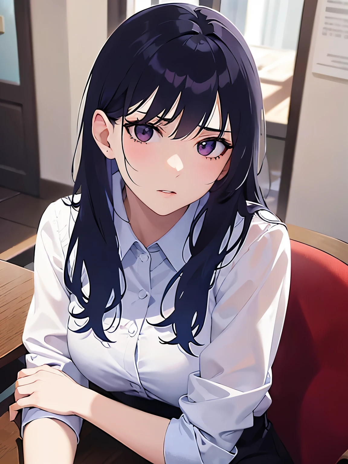 highest quality、masterpiece、 Realistic, real person, (pale skin: 1.2), RAW photo, photorealistic, shiny skin, shiny hair、(A 26-year-old woman with straight hair and bangs) and (medium hair) and (black hair) and (purple eyes) ,(White collared shirt:1.5) 、(angry:1.5)and(scowl)and(upturned eyes)、The background is the office reception、Alone、Sitting in a chair