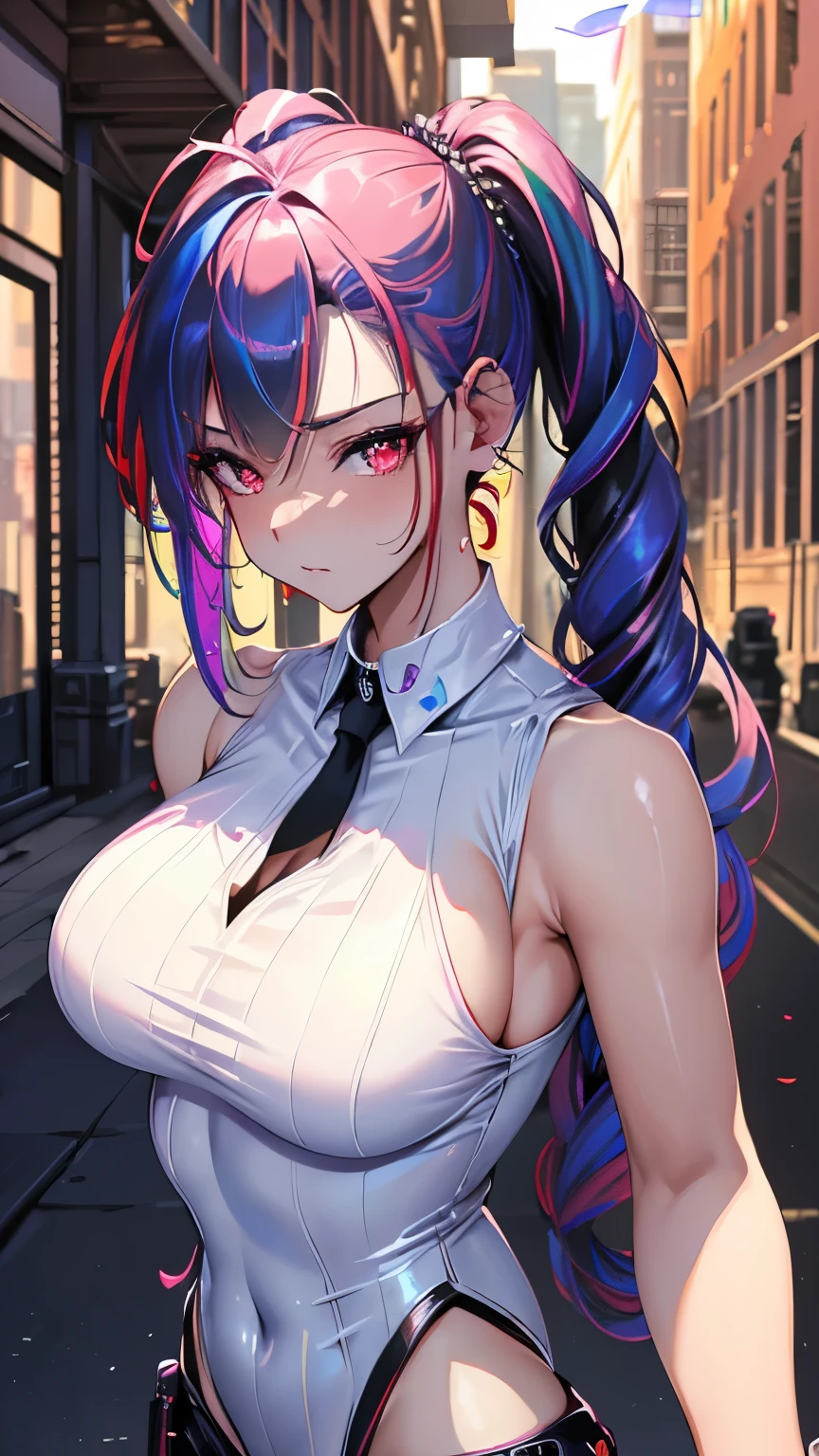 best quality, super fine, 16k, incredibly absurdres, extremely detailed, delicate and dynamic, beautiful female warrior, rainbow braided ponytail, cool and attractive look, metallic red eyes, amazing proportions, translucent iridescent reinforced bodysuit, (future punk, background ruined city:1.4)