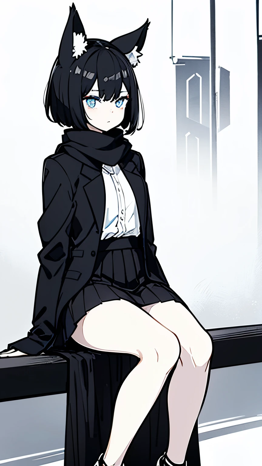 Black short hair, girl, blue eyes, wearing black long sleves, wearing black skirt, white scarf, with white kitsune, wearing black shoes