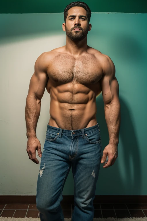 Realistic 8K image of a 33-year-old man, rubio,(( Fuerte, musculoso y nalgon)), cabello corto, ojos verdes, shirtless, de pie en la sala de estar de un apartamento sencillo, escena nocturna. Big muscular body. Cuerpo completo jeans