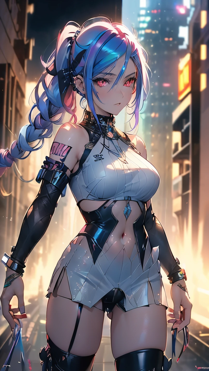 best quality, super fine, 16k, incredibly absurdres, extremely detailed, delicate and dynamic, beautiful female warrior, rainbow braided ponytail, cool and attractive look, metallic red eyes, amazing proportions, translucent iridescent reinforced bodysuit, (future punk, background ruined city:1.4)