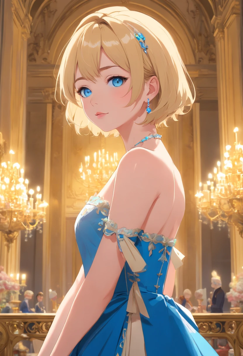 17 years old Women, ((Blonde)), ((Blue eyes)), ((Short hair)), ((Full shot)), very detailed makeup, pale pink lipstick, long earrings, bare shoulders, Dressed as a lady of the French court of Louis XIV, at the palace of Versailles