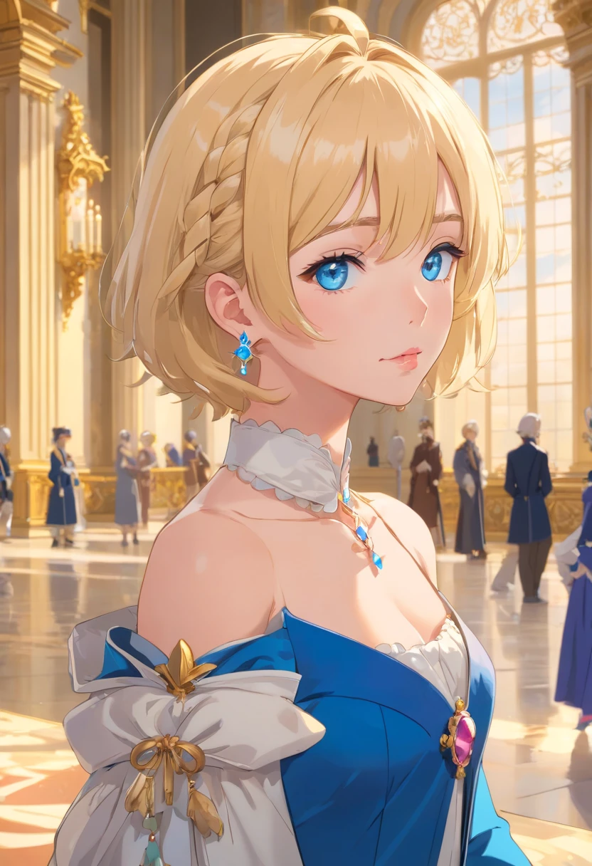 17 years old Women, ((Blonde)), ((Blue eyes)), ((Short hair)), ((Full shot)), very detailed makeup, pale pink lipstick, long earrings, bare shoulders, Dressed as a lady of the French court of Louis XIV, at the palace of Versailles