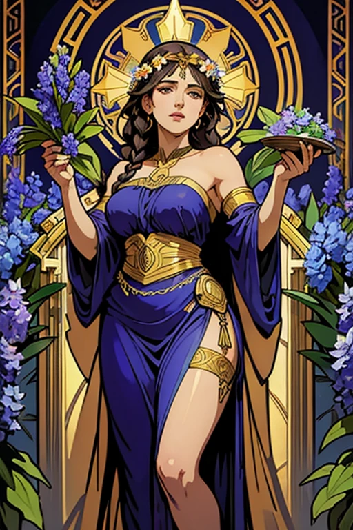 Hyacinth, Tarot cards, greece, art, Alphonse Mucha, delphinium flower, braided hair, dark colored hair, flowing chiton dress, a beautiful girl with golden wreath on her hair.