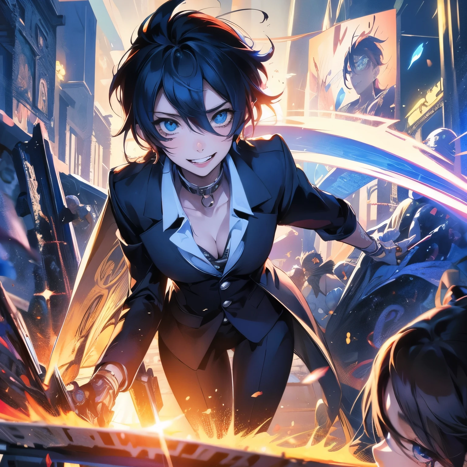 Crea una imagen de dabi de boku no hero con una chica felices