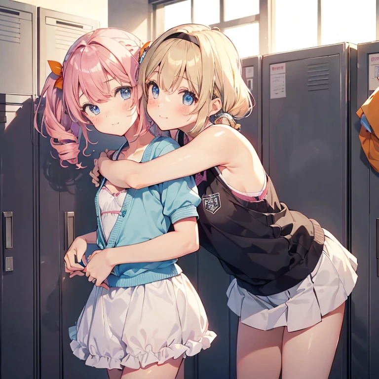 ①(highest qualityのイラスト:1.2), (cute女の子:1.1), (One Girl, solo:1), (Two Girls、8-year-old、、、small、cute、cute、small胸、Ultra-detailed目:1.2)、(lily、kiss、Hug from behind、Grab、eyes half closed、eye contact:1.3)、(sweating、I was hugged、blush:1.1)、 break White Bra、ピンクのgood、Blue Bra、Green bra、Greybra、Light grey bra、 Striped bra、水玉模様good、goodチェック柄、cute、good、Kids Good、sporty、camisole、Cotton panties、School Skirt、、short hair、Middle Hair、Hair length、Wavy Hair、Curly Hair、Pale pink braided hair、Hime cut、Bobcut、Twin tails、低いTwin tails、ponytail、ライトブルーのローponytail、break HA(locker room:1.2)、(evening、evening、Orange sunlight:1.2)、 break(highest quality、Ultra-detailed、Very detailed and beautiful、超A high resolution、Detailed arms:1.2)、Browsing Caution　Beautiful Pool, (pink hair, twin tails twin drill, show your forehead, blue eyes, White frilled white headband, slanted eyes, smile, long sideburns, curled bangs, neck ribbon, Forehead, amount), 
