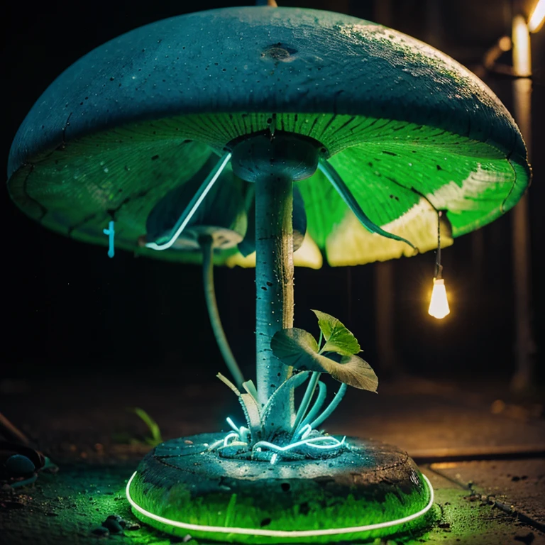 A short neon blue and neon green mushroom in green platform