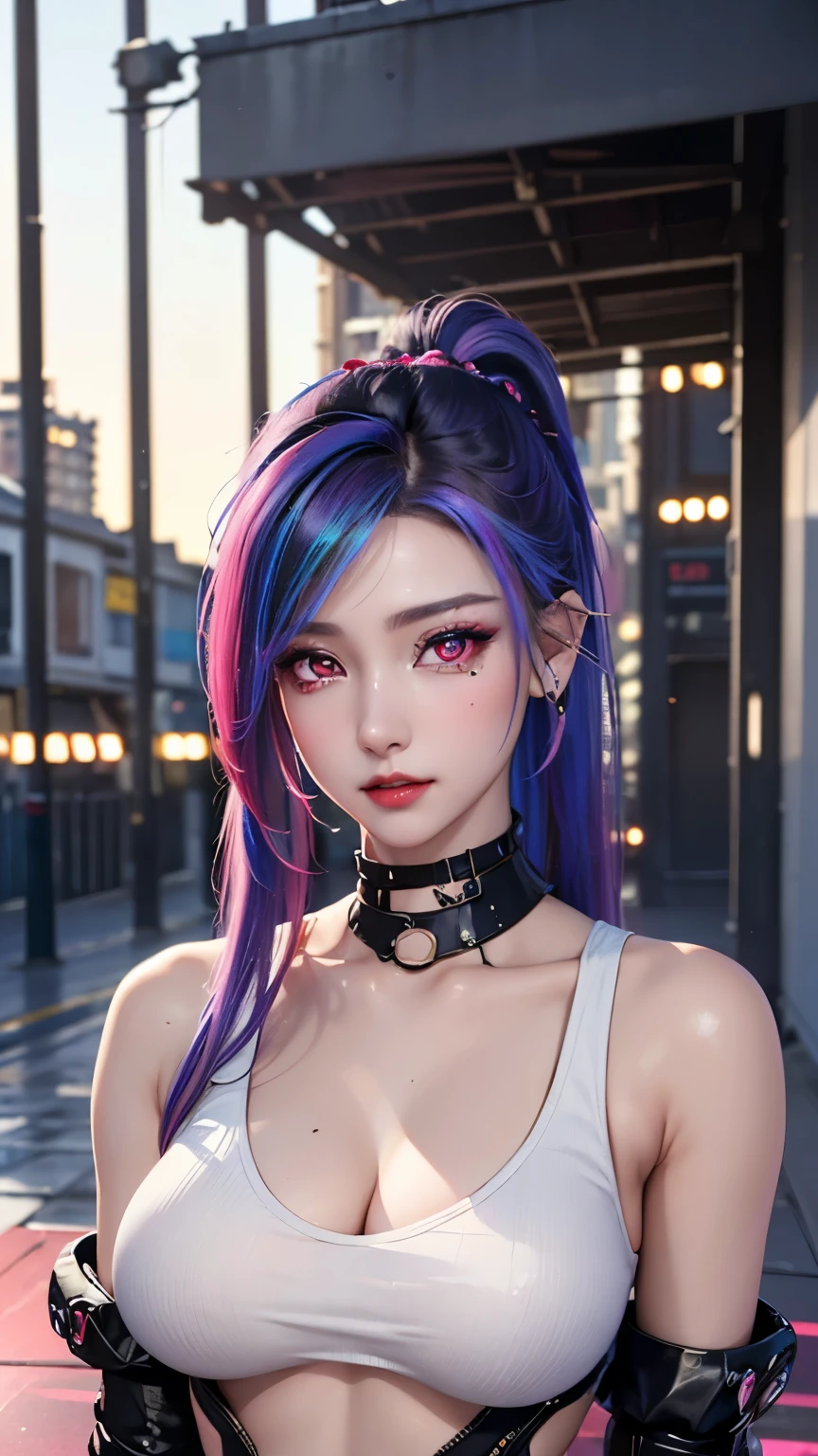 best quality, super fine, 16k, incredibly absurdres, extremely detailed, delicate and dynamic, beautiful female warrior, rainbow braided ponytail, cool and attractive look, metallic red eyes, amazing proportions, translucent iridescent reinforced bodysuit, (future punk, background ruined city:1.4)