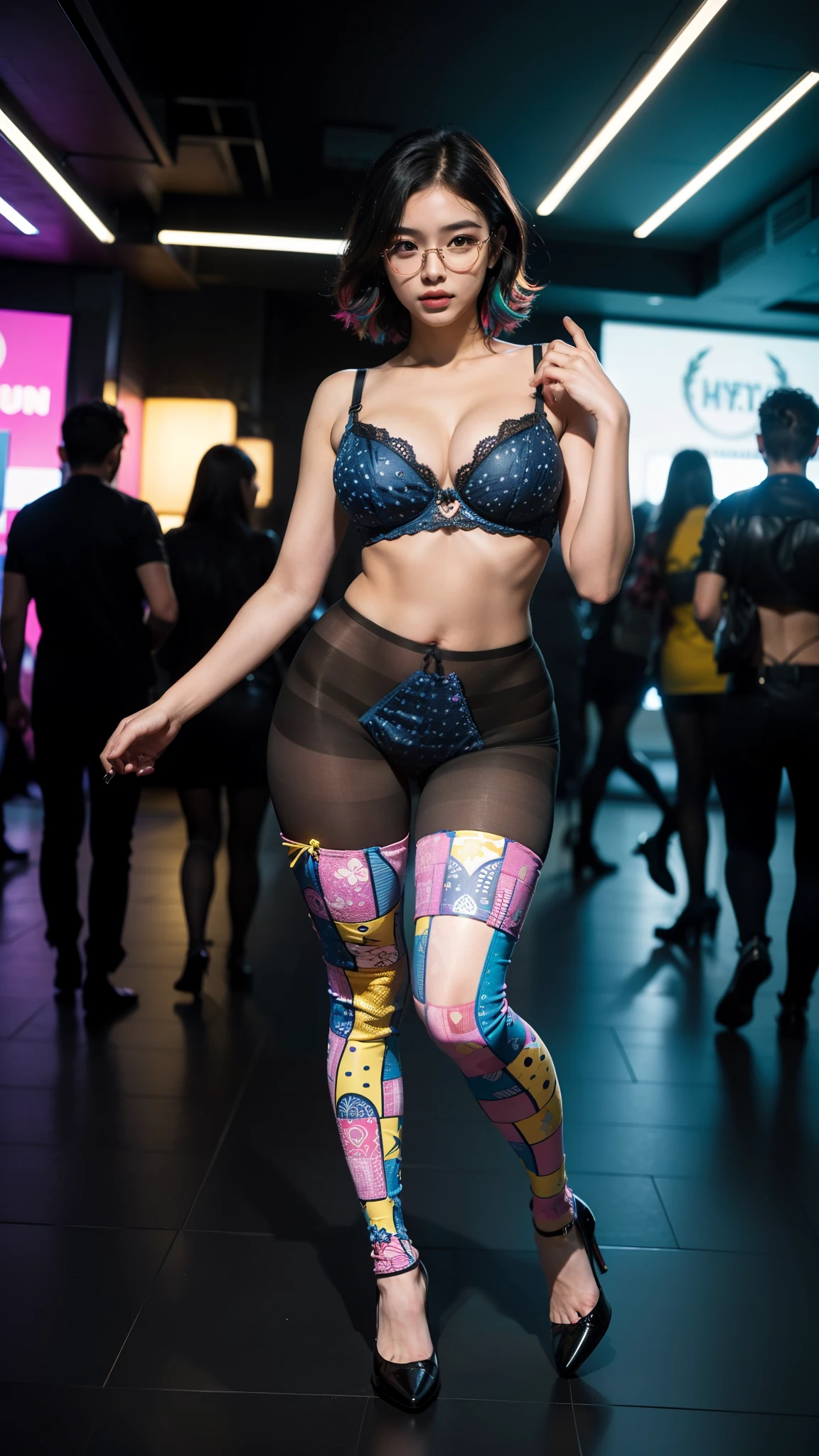 (full body:1.5),(((only one girl)):1.4),(view the viewer:1.4),((anatomy correct):1.45),(((dancing in the night club, Perfectly integrated background))):1.3),(she wears large glasses and Holding bra & pantie in her hand:1.2),(shy:1.15),((stocking set):1.2),(((((((patterns)))))) ,((thick pantyhose)):1.3),(high heels leather shoes:1.1),((Long legs and large chest):1.3),((((colorful))):1.4),(Accurate and perfect face:1.3),((black short hair):1.2),hyper HD, Ray traching, reflective light, structurally correct, Award-Awarded, high detail, lighten shade contrast, Face lighting ,cinematic lighting, masterpiece, super detailing, high quality, high detail, best quality, 16k,High contrast,