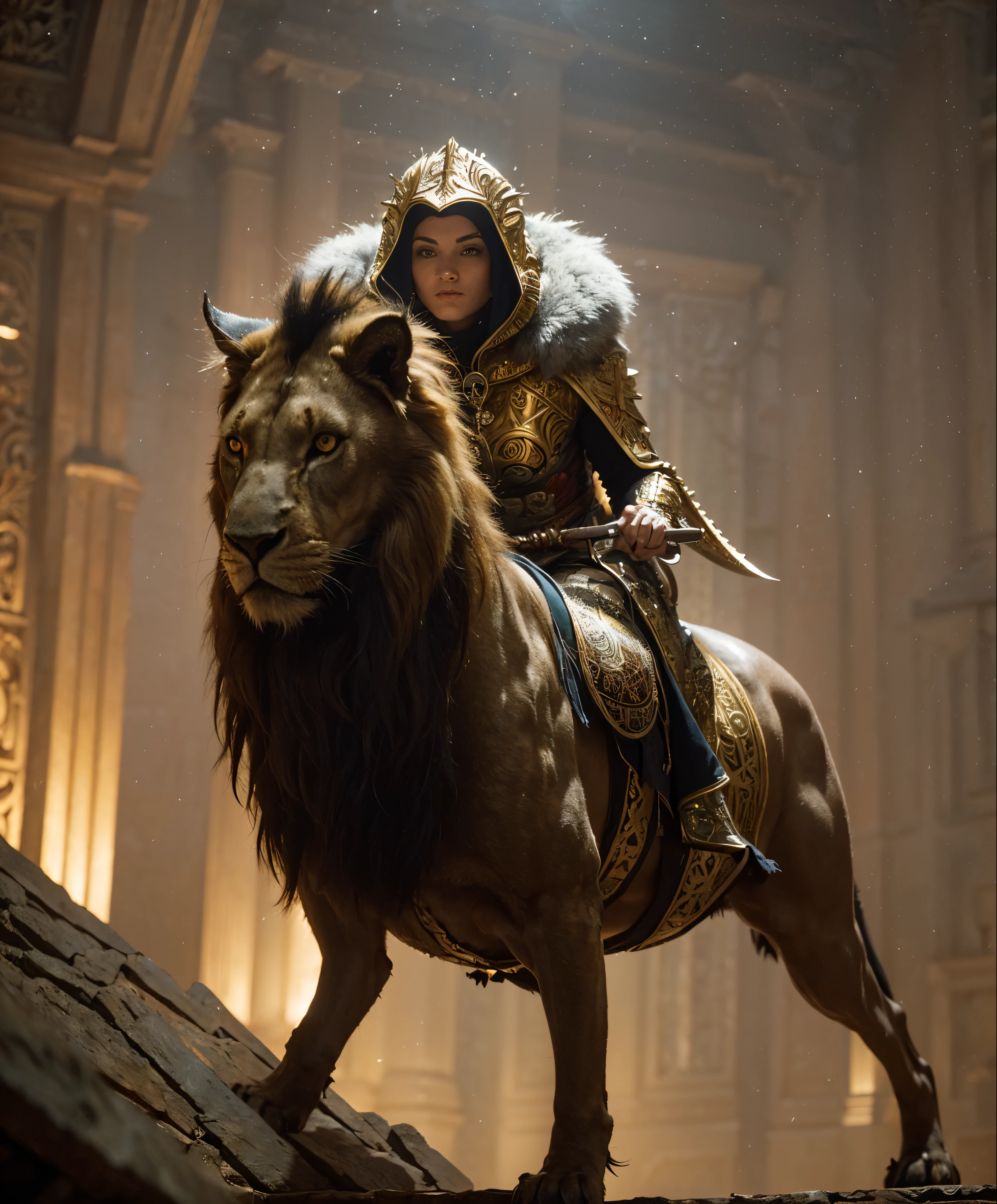 a close up of a woman in a silver riding hood next to a majestic golden lion, assassin creed hood, thief female hood, , majestic big lion, michael cheval (unreal engine, fantasy art style, el bosco and dan mumford, inspired by Samuel Hieronymus Grimm, fairytale artwork, epic fantasy art style hd, epic fantasy art style