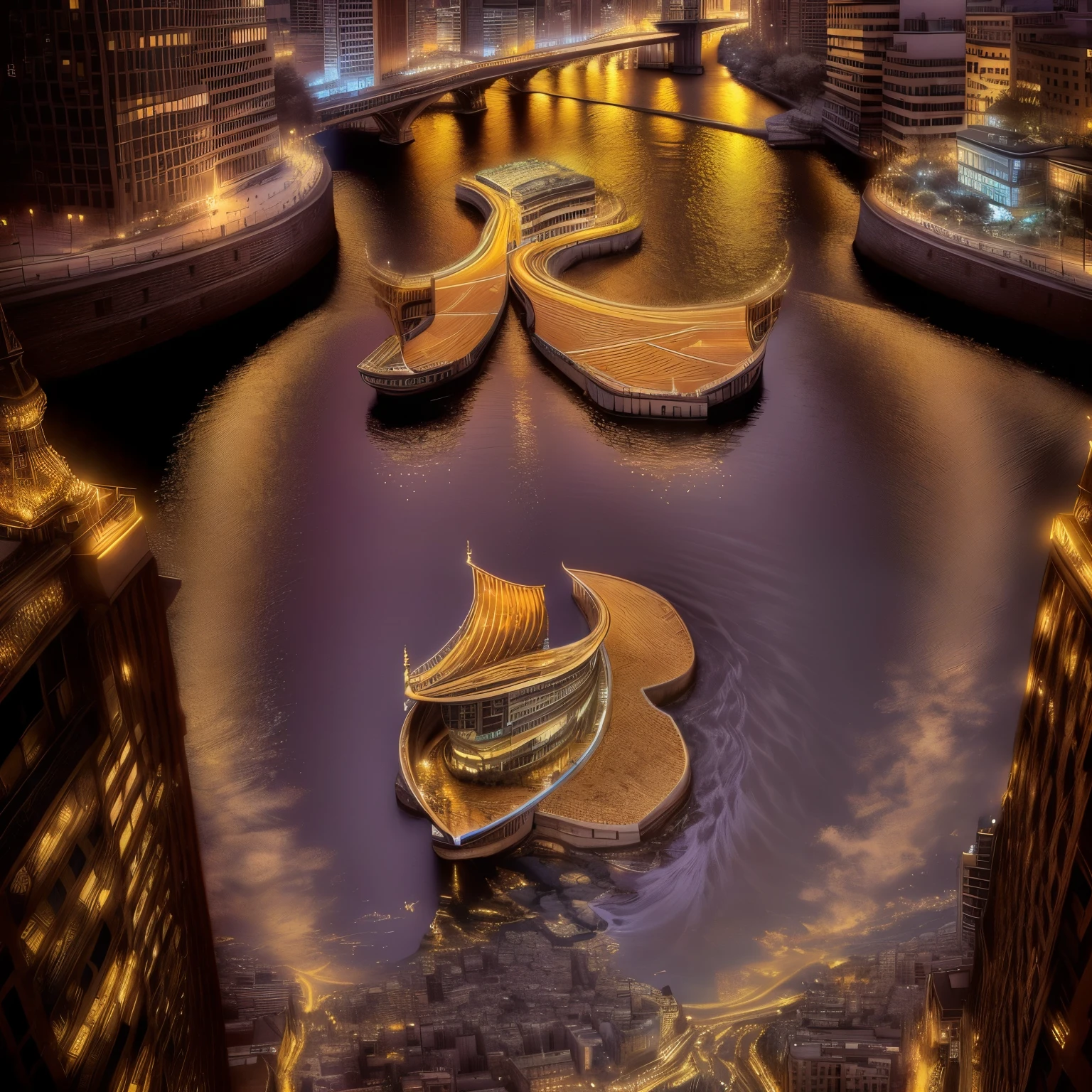 （Overlooking），City，river，（Intricate details,hyperdetailed:1.2），Lenses，Vignette，Center