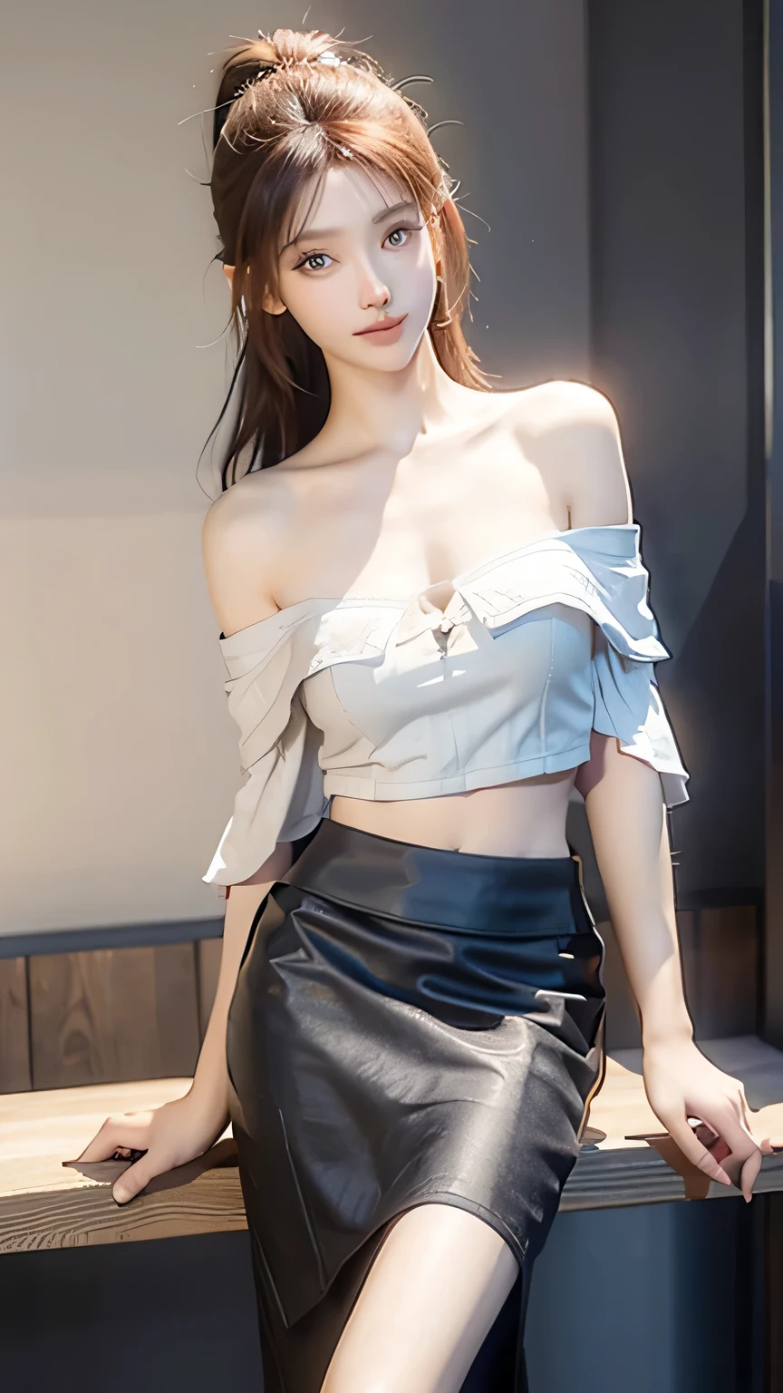 An innocent 20-year-old girl, (Off-shoulder top:1.5), (Pencil skirt:1.5), (high heels), (Dramatic Pose),smile, (High Ponytail),downtown、RAW Photos, (8k, highest quality, masterpiece:1.2), (Intricate details:1.4)、(Photorealistic:1.4), Octane Rendering, Complex 3D rendering with ultra-detail, Studio Soft Light, Rim Light, Vivid details, Super Detail, Realistic skin texture, Detailed aspect, Beautiful details in the eyes, Highly detailed CG Unity 16k wallpaper, compensate, (Detailed Background:1.2), Glowing Skin, whole body, (thin legs:1.2), (small waist), (Cleavage), (looking at viewer:1.2)