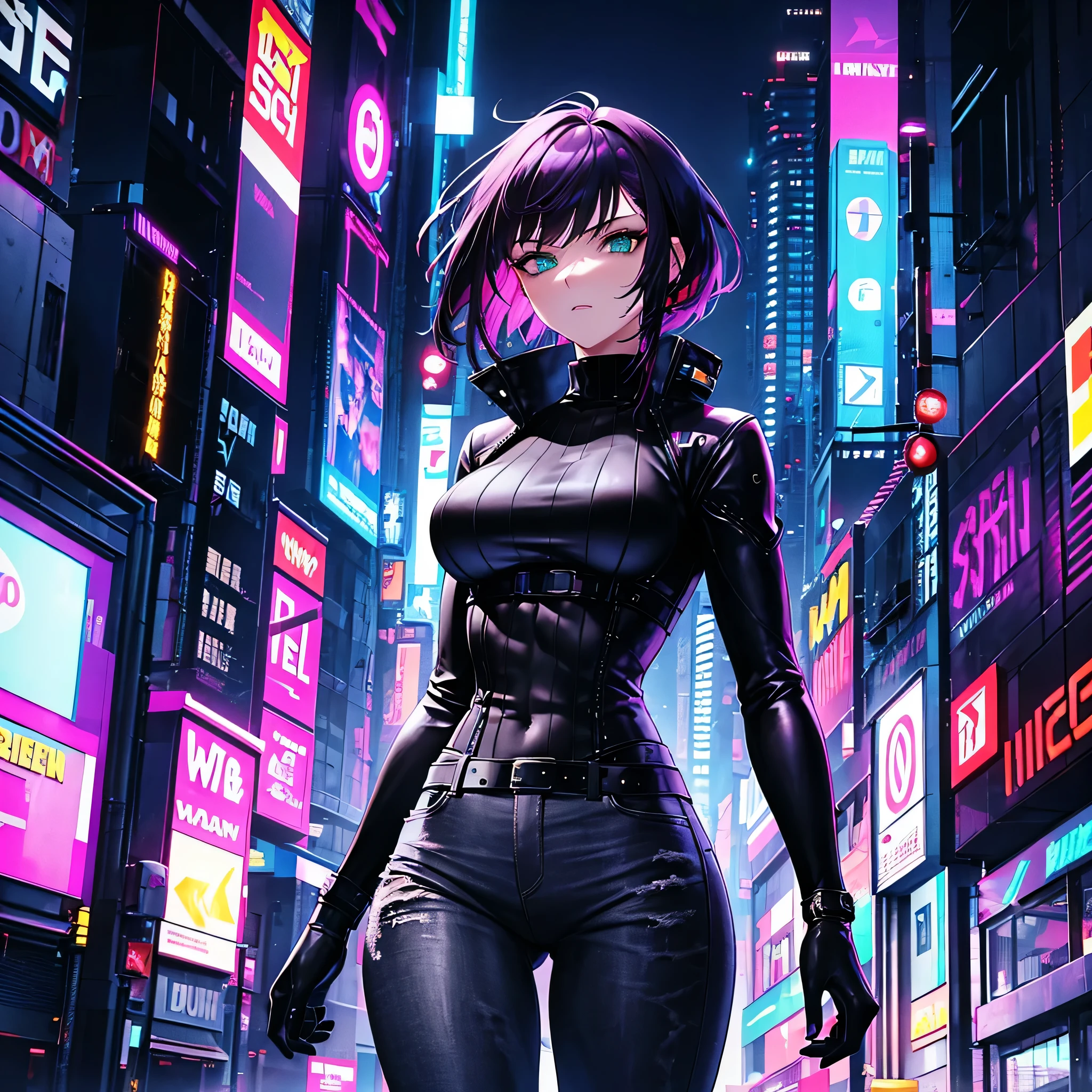 Futuristic, cyberpunk, neon lights, Mature, long redhead woman with green eyes, sexy, defined abs, tight black sweater, white jacket, tight jeans, high quality, masterpiece. Another woman, short purple hair, gray eyes, tan skin, defines abs, tight clothing, sexy.