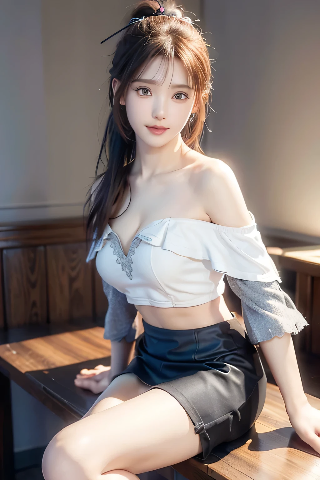 An innocent 20-year-old girl, (Off-shoulder top:1.5), (Pencil skirt:1.5), (high heels), (Dramatic Pose),smile, (High Ponytail),downtown、RAW Photos, (8k, highest quality, masterpiece:1.2), (Intricate details:1.4)、(Photorealistic:1.4), Octane Rendering, Complex 3D rendering with ultra-detail, Studio Soft Light, Rim Light, Vivid details, Super Detail, Realistic skin texture, Detailed aspect, Beautiful details in the eyes, Highly detailed CG Unity 16k wallpaper, compensate, (Detailed Background:1.2), Glowing Skin, whole body, (thin legs:1.2), (small waist), (Cleavage), (looking at viewer:1.2)