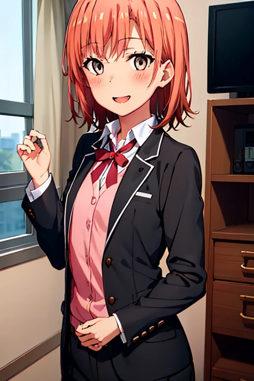 ((highest quality)), ((masterpiece)), (be familiar with), Perfect Face, indoor, Bedroom, Watching the audience,
One woman, Yuigahama Yui,
Open Mouth, Ecstatic expression, blush, smile,
Small breasts, Flat Chest, Young Girl, , , Girl,
Short Hair, Salmon-colored hair, Salmon-colored eyes, Side Pony,
Leg spread,