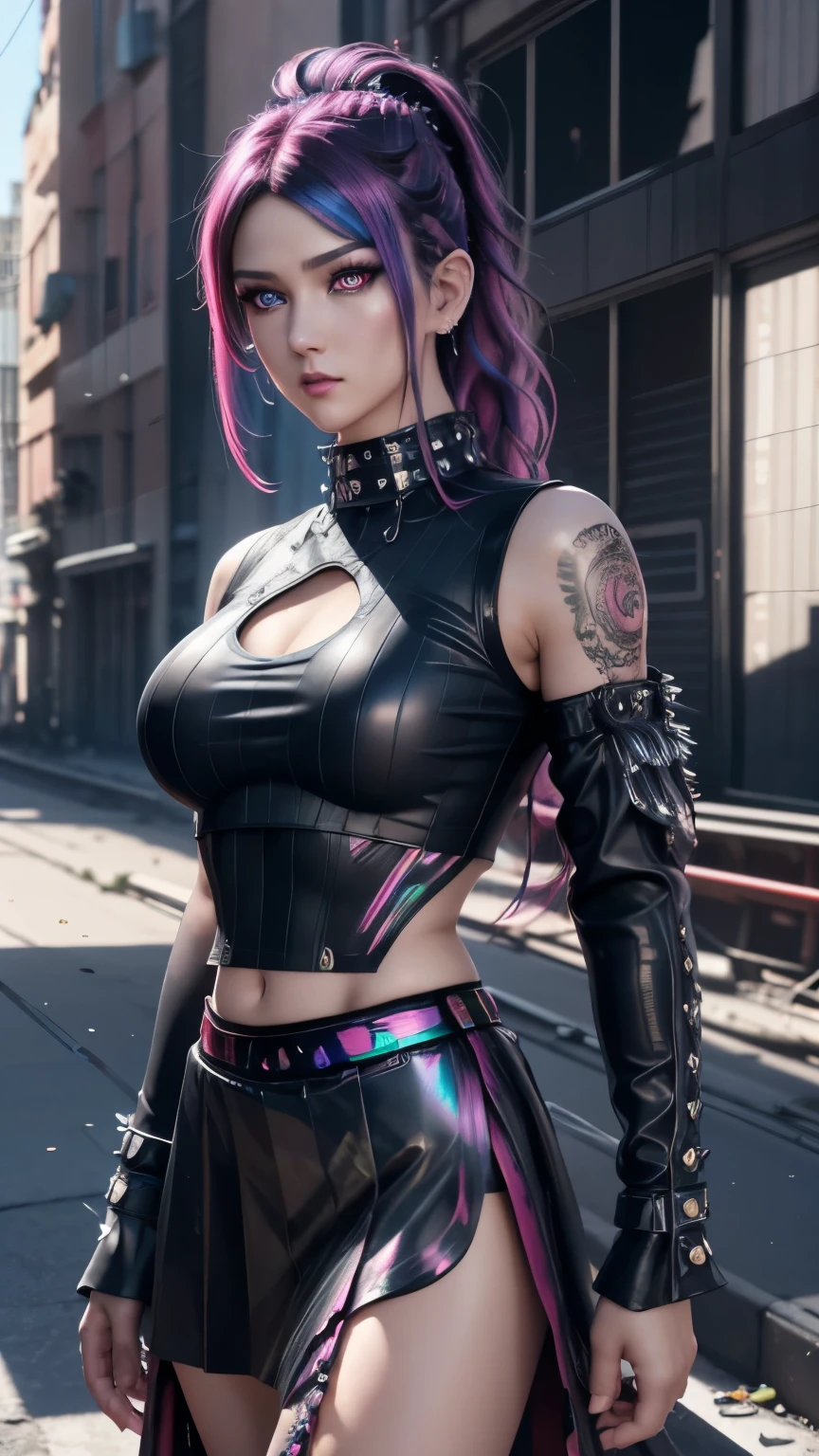 best quality, super fine, 16k, incredibly absurdres, extremely detailed, delicate and dynamic, beautiful female warrior, rainbow braided ponytail, cool and attractive look, metallic red eyes, amazing proportions, translucent iridescent reinforced bodysuit, A-line long skirt, (future punk, background ruined city:1.4)