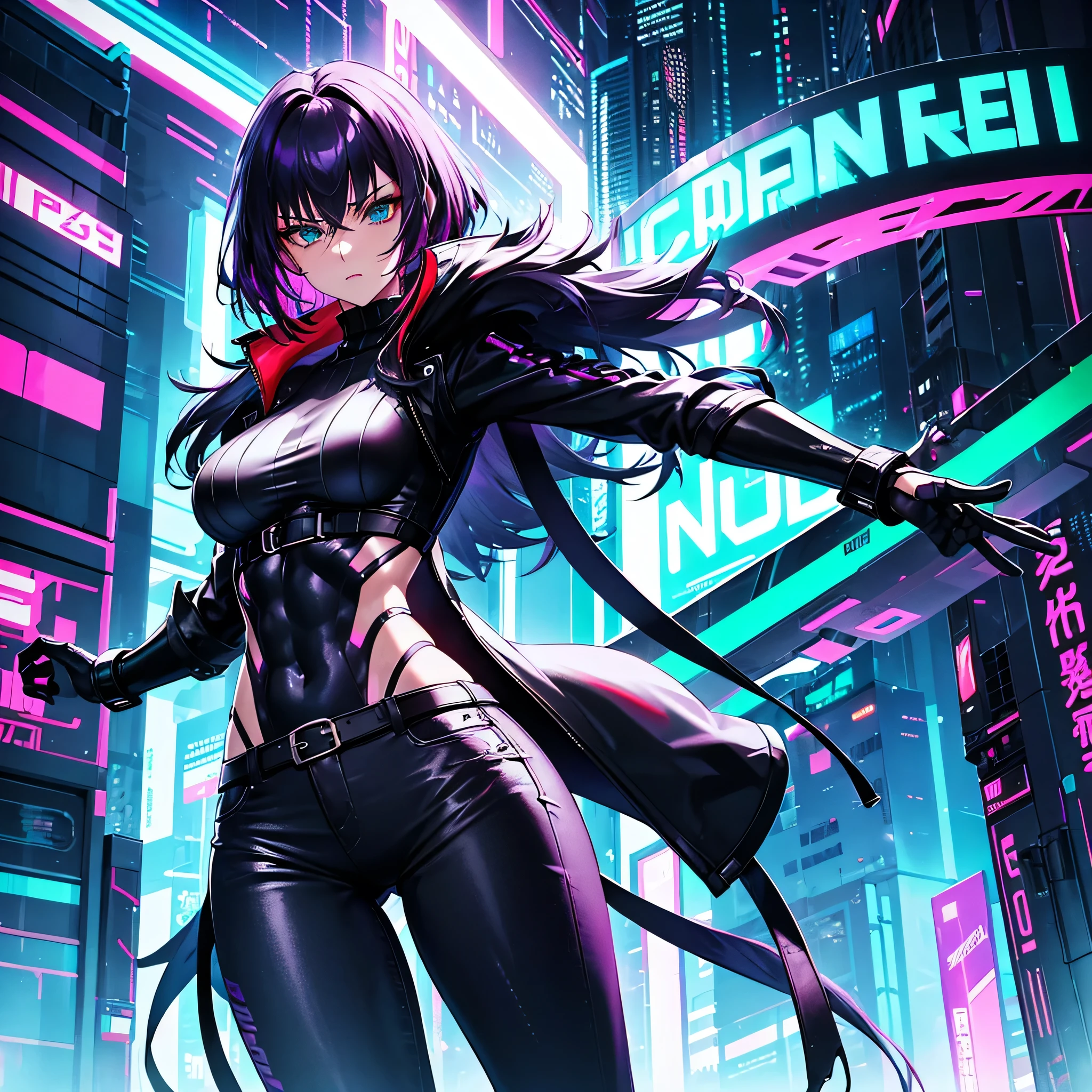 Futuristic, cyberpunk, neon lights, Mature, long redhead woman with green eyes, sexy, defined abs, tight black sweater, white jacket, tight jeans, high quality, masterpiece. Another woman, short purple hair, gray eyes, tan skin, defines abs, tight clothing, sexy.
