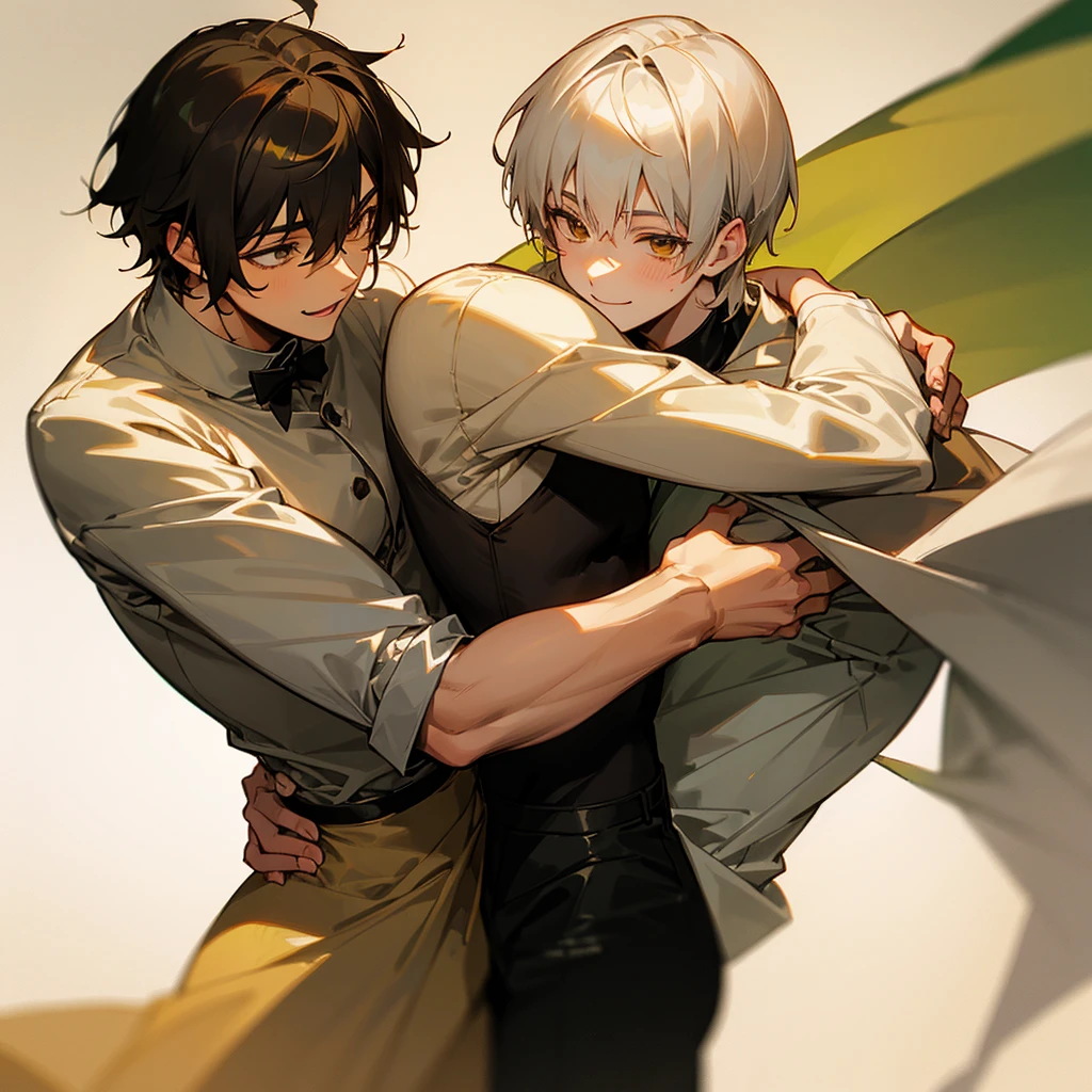 Two young men hugging.one is beautiful ,18years old with white short hair and green eyes with cute smile.the other is serious characterized ,23years old with black wolfy haircut and yellowish brown eyes,smiling with soft smile