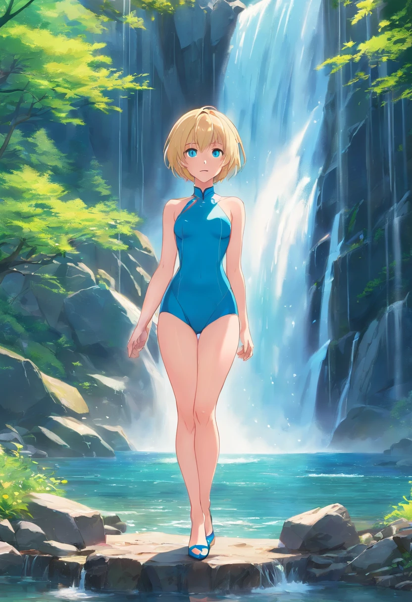  Women, ((Blonde)), ((Blue eyes)), ((Short hair)), ((Full shot)), very detailed makeup, pale pink lipstick, long earrings, bare shoulders, She is wearing a body suit with a neckline up to the navel, red, with high heels standing in front of a waterfall, the floor is wet