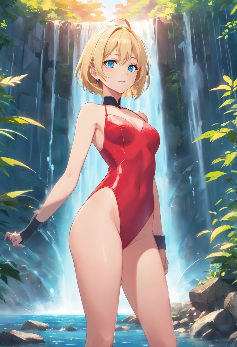 Women, ((Blonde)), ((Blue eyes)), ((Short hair)), ((Full shot)), very detailed makeup, pale pink lipstick, long earrings, bare shoulders, She is wearing a body suit with a neckline up to the navel, red, with high heels standing in front of a waterfall, the floor is wet
