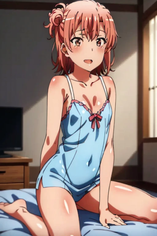 ((highest quality)), ((masterpiece)), (be familiar with), Perfect Face, indoor, Bedroom, Watching the audience,
One woman, Yuigahama Yui,
Open Mouth, Ecstatic expression, blush, smile,
Small breasts, Flat Chest, Young Girl, , , Girl,
Short Hair, Salmon-colored hair, Salmon-colored eyes, Side Pony,
Leg spread,