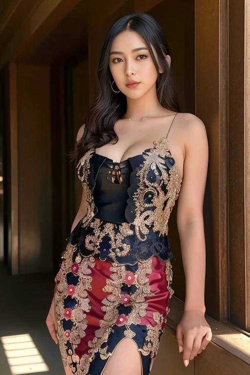 create a most beautiful girl image 18 years age. Wearing Embroidered Layered Tulle Gown. also wearing white pearl necklace. there is black bindi on forehead. preety good blue eyes, long black hair. she is standing and blushing.
