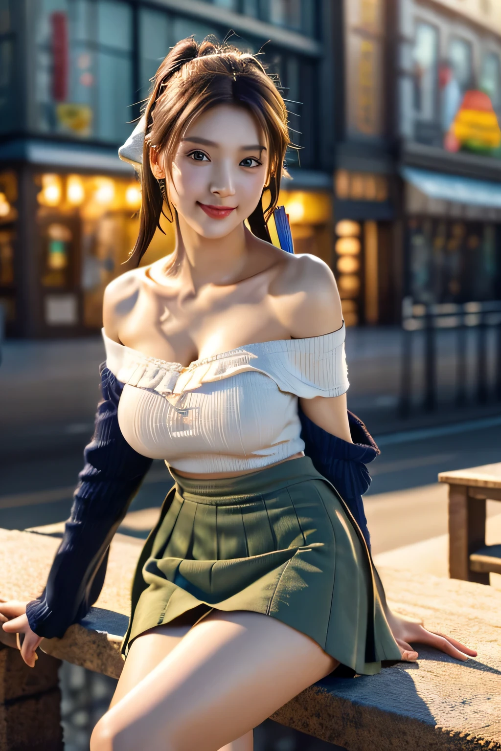 An innocent 20-year-old girl, (Off-shoulder top:1.5), (Pencil skirt:1.5), (high heels), (Dramatic Pose),smile, (High Ponytail),downtown、RAW Photos, (8k, highest quality, masterpiece:1.2), (Intricate details:1.4)、(Photorealistic:1.4), Octane Rendering, Complex 3D rendering with ultra-detail, Studio Soft Light, Rim Light, Vivid details, Super Detail, Realistic skin texture, Detailed aspect, Beautiful details in the eyes, Highly detailed CG Unity 16k wallpaper, compensate, (Detailed Background:1.2), Glowing Skin, whole body, (thin legs:1.2), (small waist), (Cleavage), (looking at viewer:1.2)