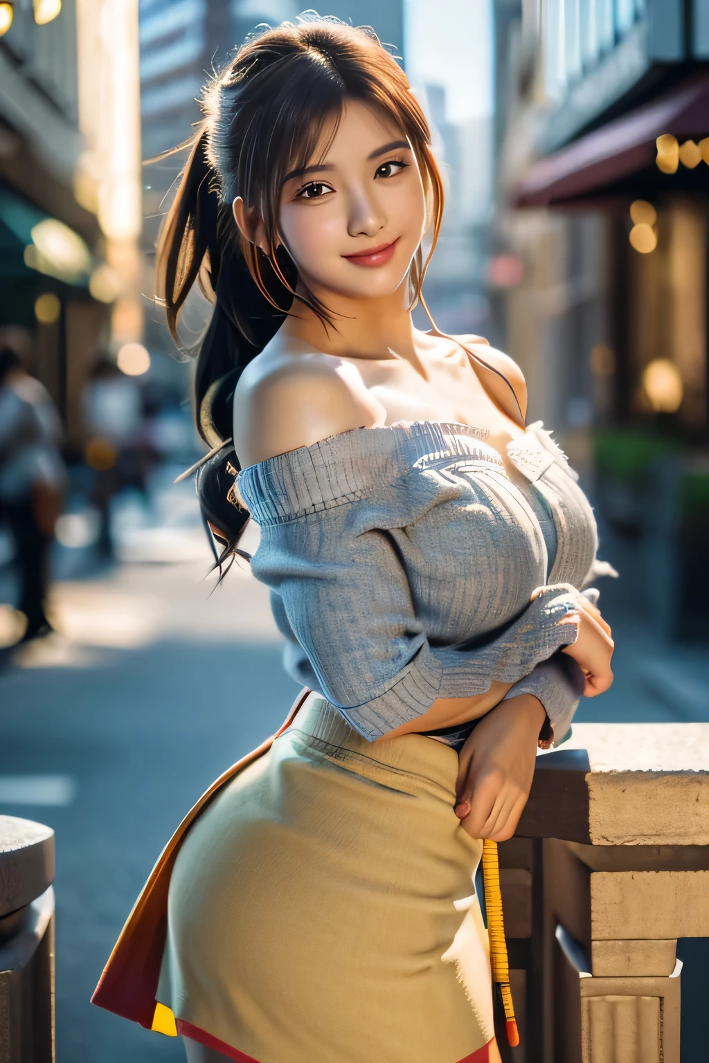 An innocent 20-year-old girl, (Off-shoulder top:1.5), (Pencil skirt:1.5), (high heels), (Dramatic Pose),smile, (High Ponytail),downtown、RAW Photos, (8k, highest quality, masterpiece:1.2), (Intricate details:1.4)、(Photorealistic:1.4), Octane Rendering, Complex 3D rendering with ultra-detail, Studio Soft Light, Rim Light, Vivid details, Super Detail, Realistic skin texture, Detailed aspect, Beautiful details in the eyes, Highly detailed CG Unity 16k wallpaper, compensate, (Detailed Background:1.2), Glowing Skin, whole body, (thin legs:1.2), (small waist), (Cleavage), (looking at viewer:1.2)