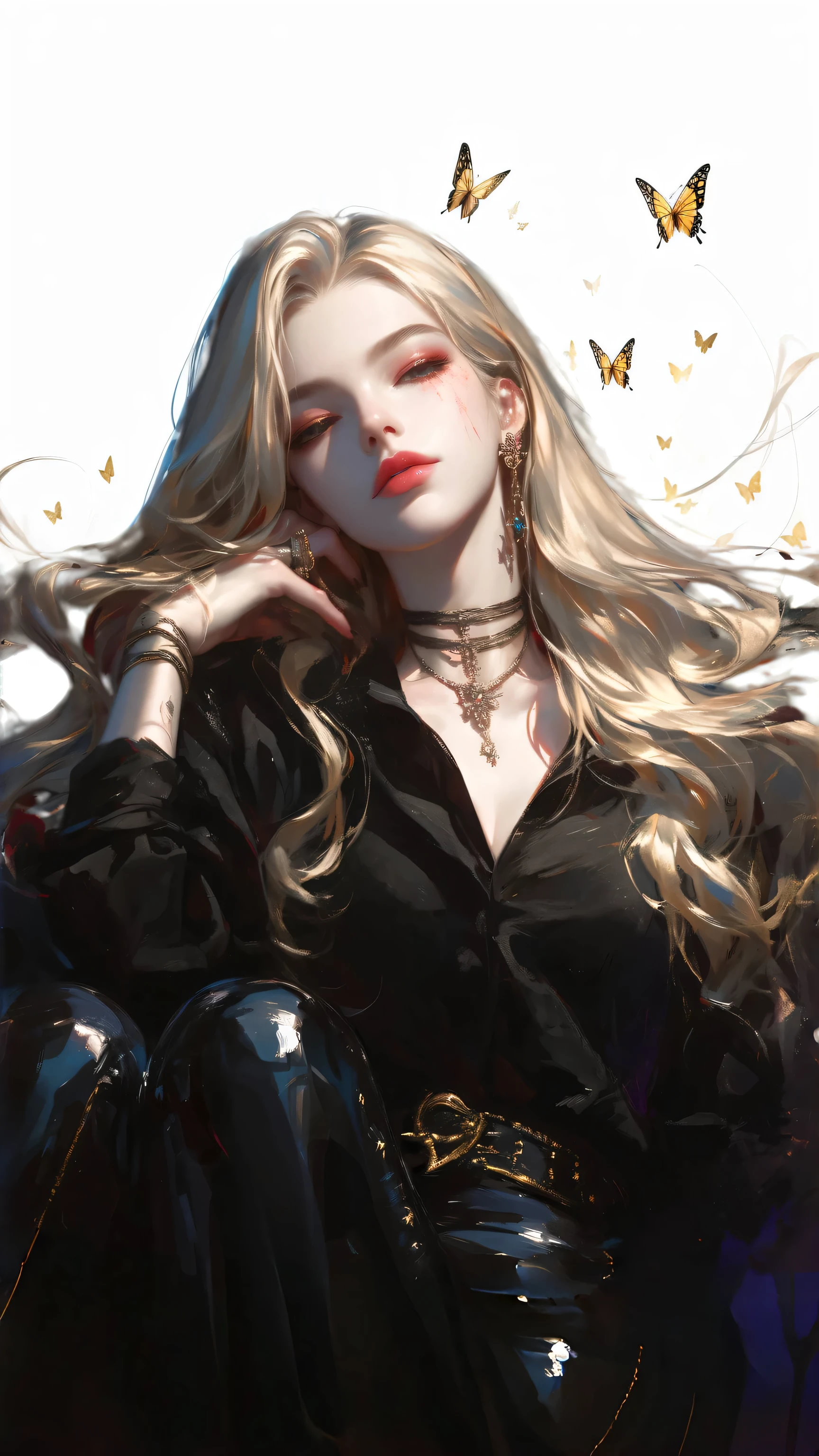 There are many golden butterflies of different sizes flying around.